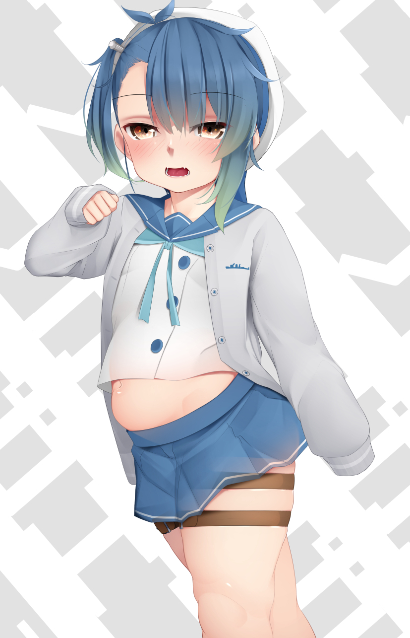 1girl, bangs, belly, blue_hair, blue_neckwear, blue_sailor_collar, blue_skirt, brown_eyes, buttons, cardigan, eyebrows_visible_through_hair, fukae_(kantai_collection), gradient_hair, grey_cardigan, hat, highres, kantai_collection, leg_belt, long_sleeves, miniskirt, multicolored_hair, navel, ne_an_ito, neckerchief, open_cardigan, open_clothes, open_mouth, pleated_skirt, plump, sailor_collar, sailor_hat, school_uniform, serafuku, short_hair, side_ponytail, sidelocks, skirt, sleeves_past_fingers, sleeves_past_wrists, solo, white_headwear
