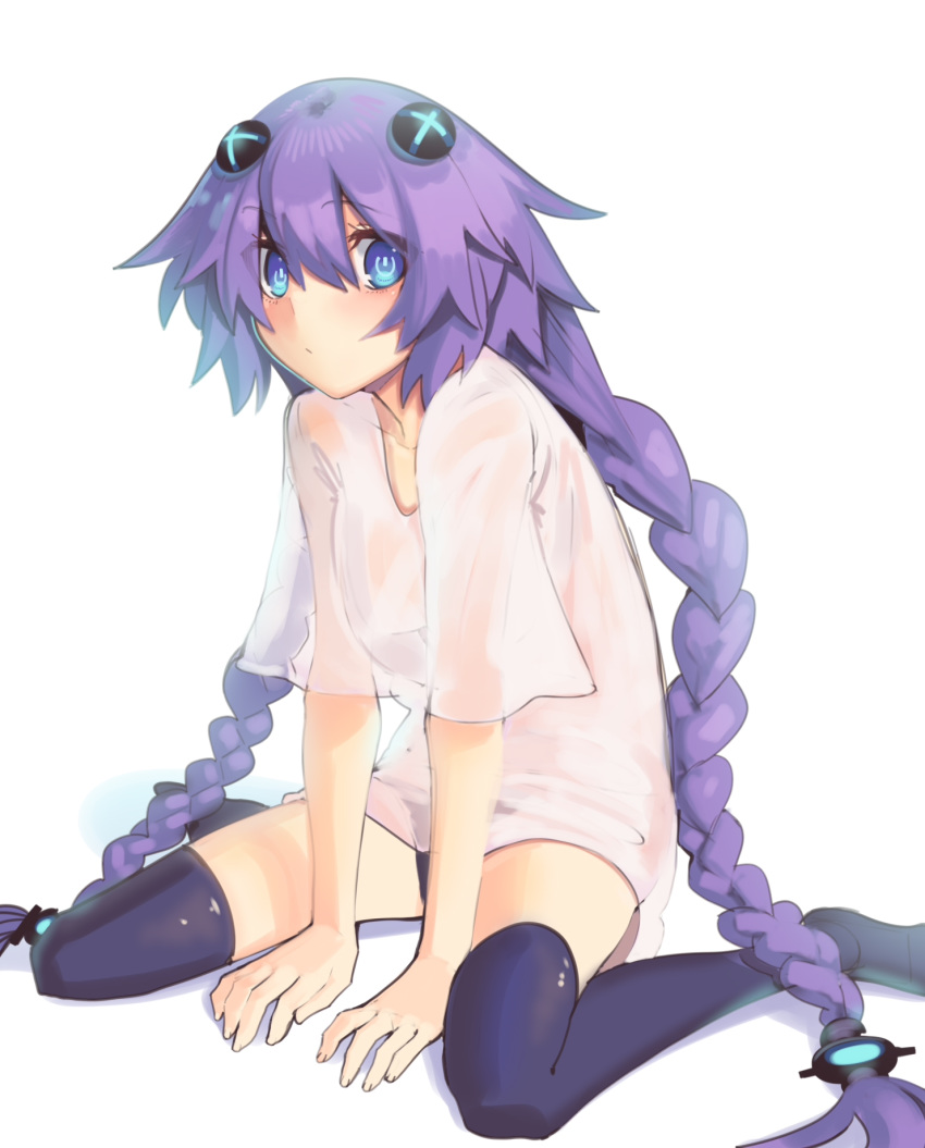 1girl, between_legs, blue_eyes, blush, boa_(brianoa), choujigen_game_neptune, closed_mouth, convenient_arm