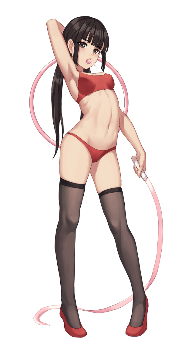 1girl, arm_up, armpits, bangs, black_legwear, blunt_bangs, blush, breasts