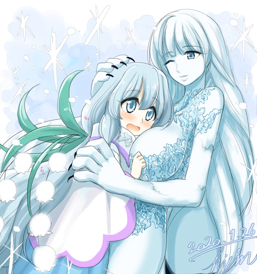 2girls, :d, ;), artist_name, blue_eyes, blue_hair, blue_skin, blush