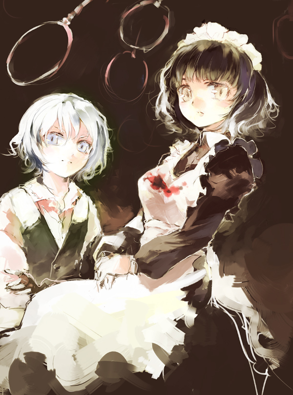 apron, black_hair, blood, grey_eyes, looking_down, maid, multiple_girls, okome