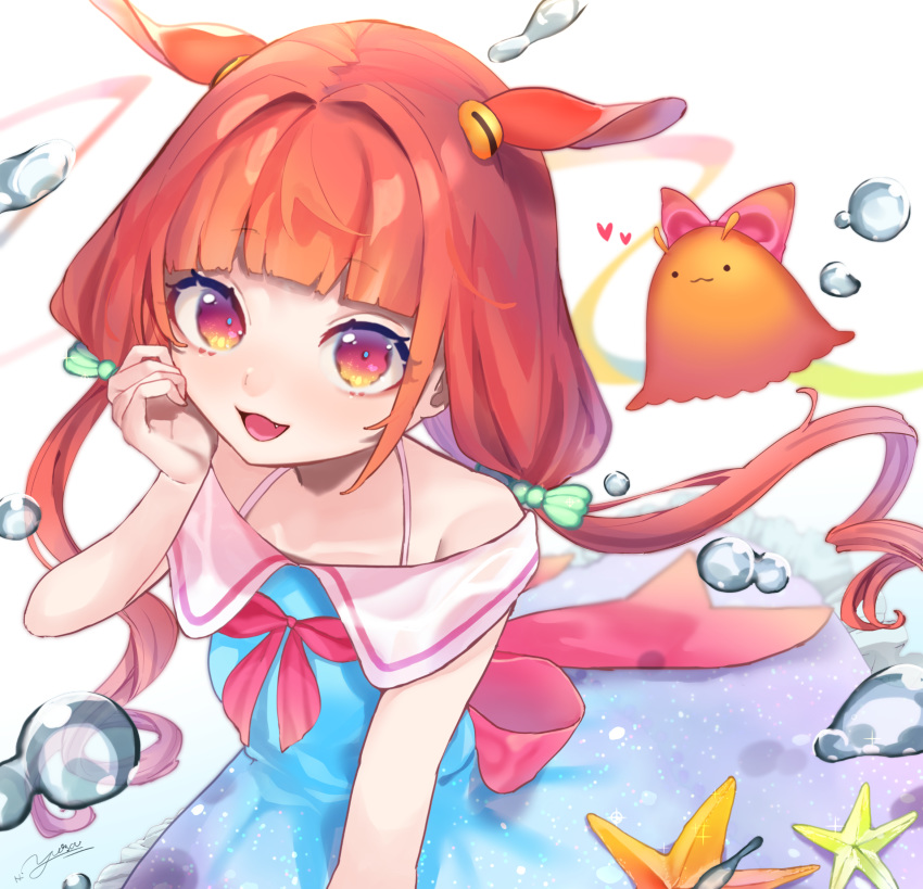 1girl, :d, animal_ears, bangs, bare_shoulders, blue_dress, bow, commentary_request