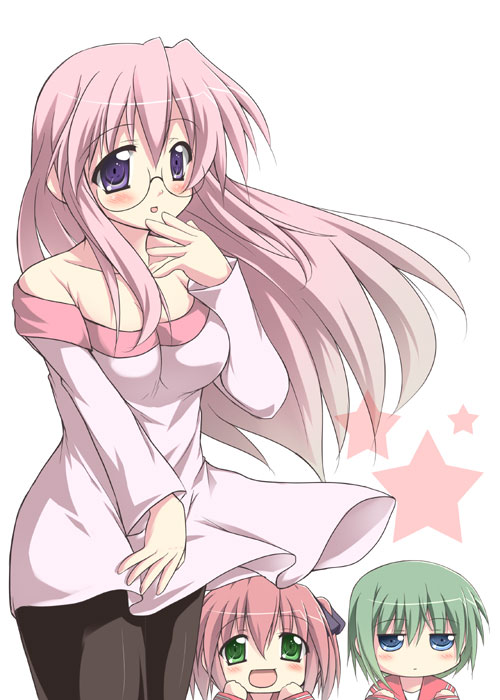 bare_shoulders, glasses, gray_pantyhose, green_hair, iwasaki_minami, kobayakawa_yutaka, long_hair, lucky_star