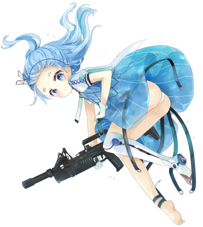 1girl, absurdres, ads_(girls_frontline), ads_assault_rifle, ass, barefoot, blue_dress, blue_eyes