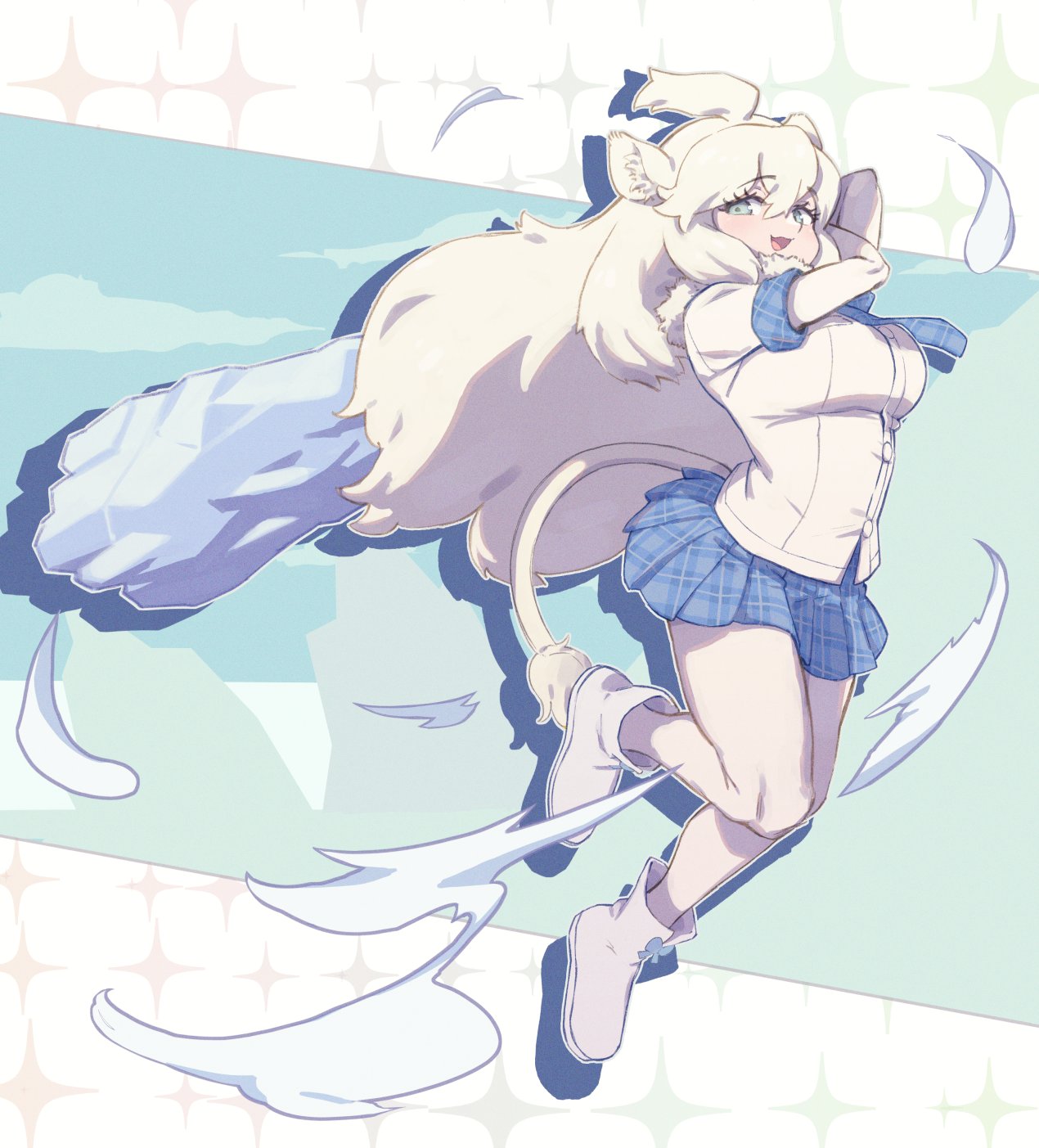 1girl, action, animal_ears, big_hair, blue_bow, blue_eyes, blue_neckwear, blue_skirt, boots, bow, club, commentary_request, elbow_gloves, eyebrows_visible_through_hair, gloves, highres, ice, jewelry, kadoyuki_(kadouki), kemono_friends, kemono_friends_3, lion_ears, lion_girl, lion_tail, long_hair, looking_at_viewer, midair, necklace, pantyhose, plaid, plaid_neckwear, plaid_skirt, plaid_trim, pleated_skirt, shirt, shoe_bow, shoes, short_sleeves, skirt, solo, t-shirt, tail, weapon, white_footwear, white_gloves, white_hair, white_legwear, white_lion_(kemono_friends), white_shirt