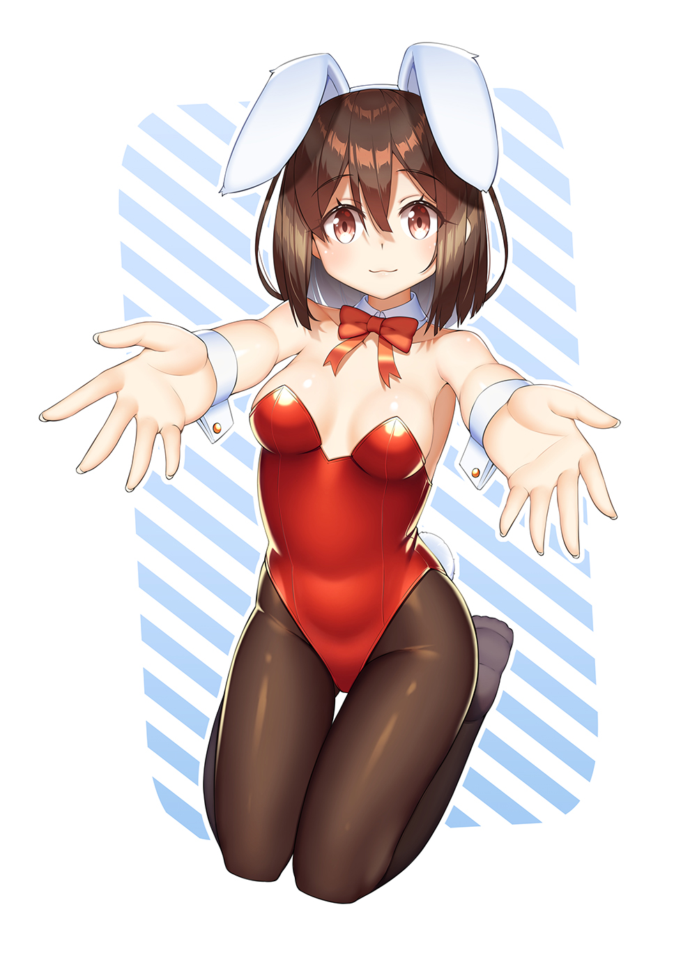 1girl, animal_ears, black_legwear, bow, bowtie, breasts, brown_eyes, brown_hair, bunny_girl, bunny_tail, bunnysuit, commentary_request, detached_collar, foreshortening, full_body, highres, kuro_emimi, leotard, looking_at_viewer, medium_breasts, original, outstretched_arms, pantyhose, rabbit_ears, red_leotard, red_neckwear, seiza, short_hair, sitting, solo, strapless, strapless_leotard, striped, striped_background, tail, wrist_cuffs