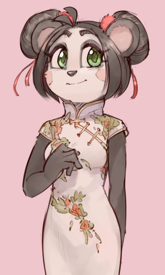 1girl, animal_ears, antenna_hair, black_hair, blush_stickers, breasts, china_dress, chinese_clothes, closed_mouth, crash_bandicoot, double_bun, dress, english_commentary, floral_print, furry, green_eyes, hair_ribbon, hand_up, happy, looking_to_the_side, medium_breasts, no_humans, panda_ears, pink_background, red_ribbon, ribbon, shiny, shiny_hair, short_hair, short_sleeves, simple_background, smile, solo, standing, tied_hair, wamudraws, white_dress, yaya_panda