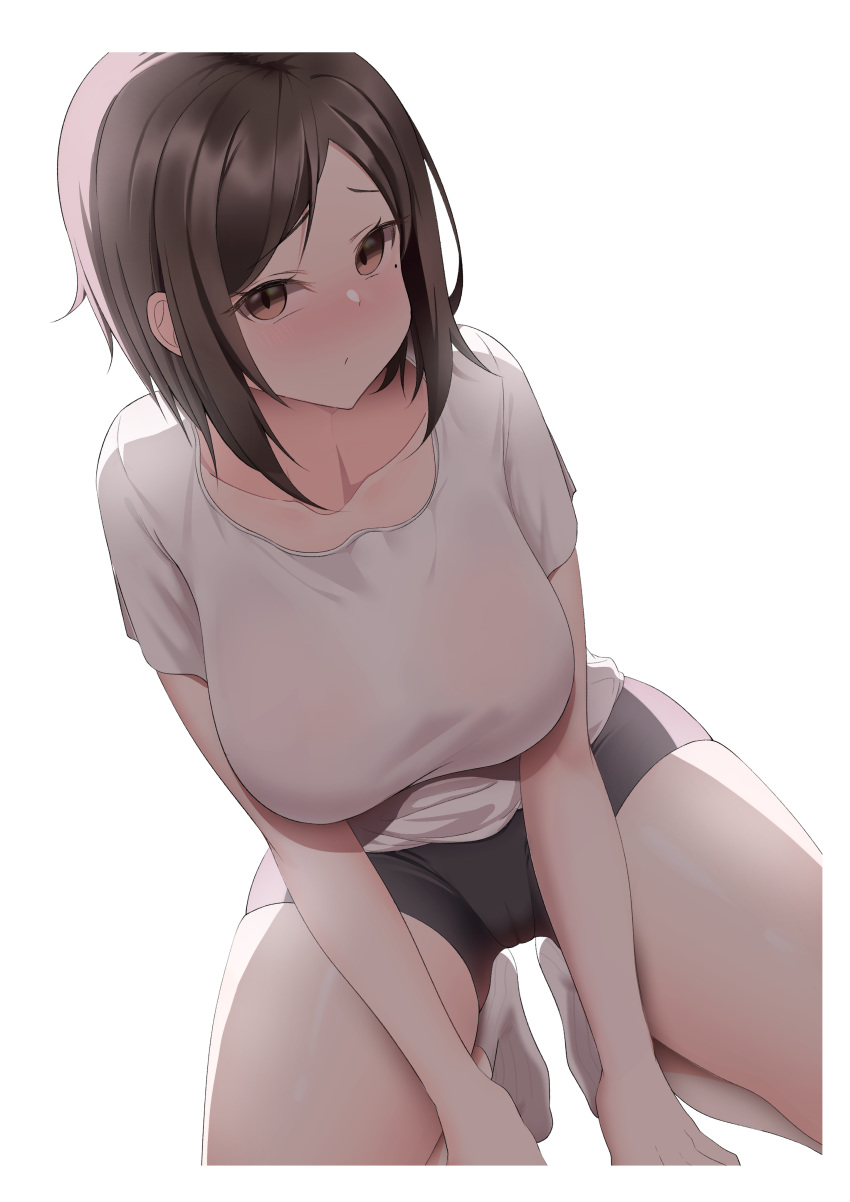 1girl, absurdres, bike_shorts, blush, breasts, brown_eyes, brown_hair, closed_mouth