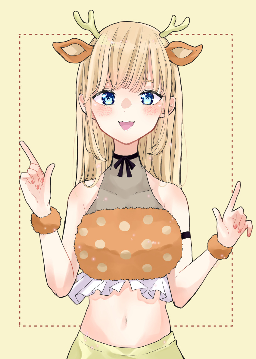 1girl, :d, absurdres, animal_ears, armband, blonde_hair, blue_eyes, blush