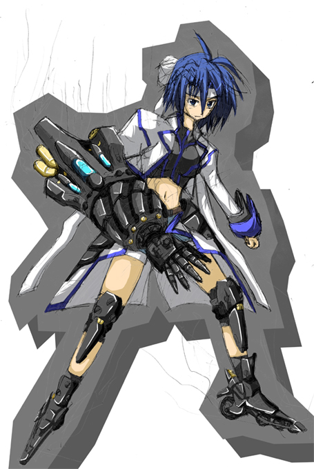 blue_hair, inline_skates, knee_pads, mahou_shoujo_lyrical_nanoha, mahou_shoujo_lyrical_nanoha_strikers, midriff, navel, revolver_knuckle