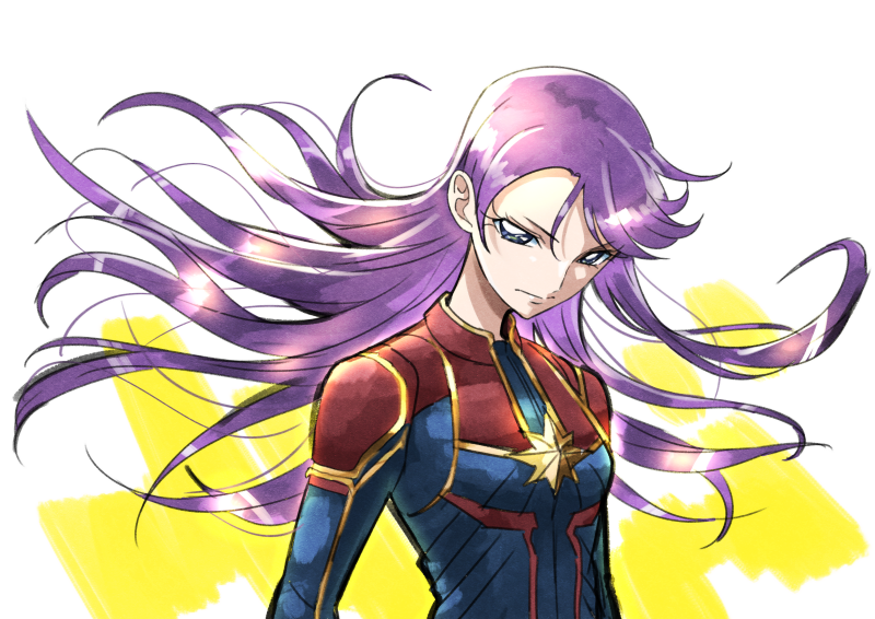 1girl, blue_bodysuit, bodysuit, captain_marvel, captain_marvel_(cosplay), captain_marvel_(film), closed_mouth, cosplay, floating_hair, hair_between_eyes, heartcatch_precure!, long_hair, marvel, precure, purple_hair, shiny, shiny_hair, solo, tsukikage_oyama, tsukikage_yuri, upper_body, very_long_hair, white_background