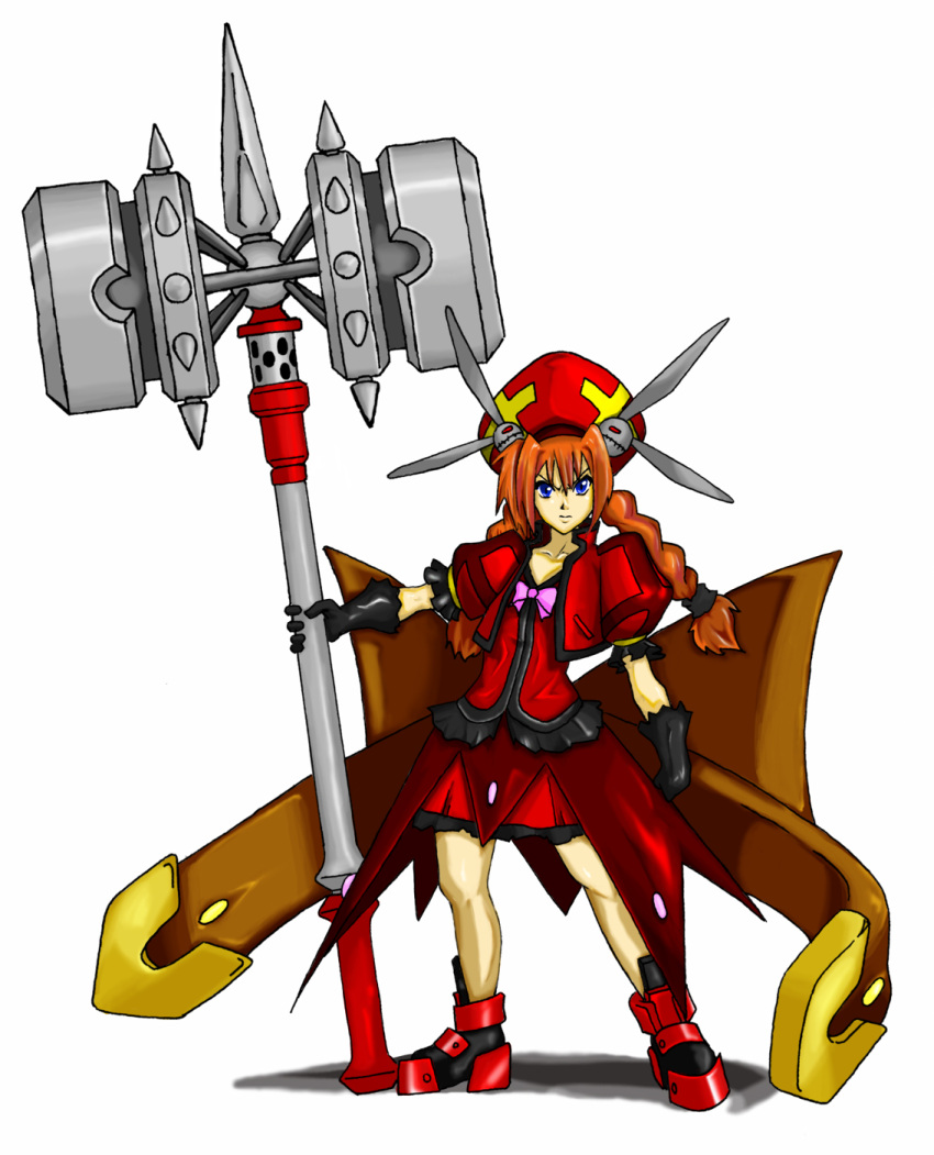 blue_eyes, braid, gloves, graf_eisen, hammer, hat, highres, huge_weapon