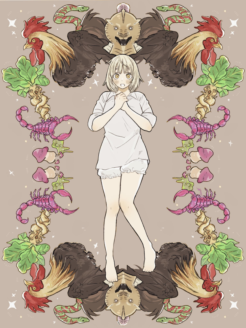 1girl, :o, bangs, bare_legs, barefoot, basilisk, bird, blonde_hair