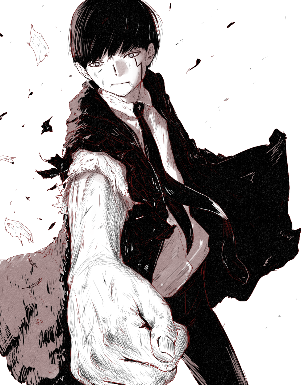 1boy, black_hair, black_jacket, black_neckwear, clenched_hand, crack, foreshortening, grey_eyes