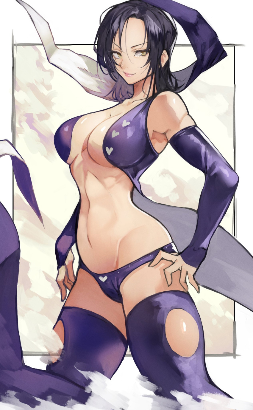 1girl, bangs, bare_shoulders, black_hair, breasts, bridal_gauntlets, closed_mouth, collarbone