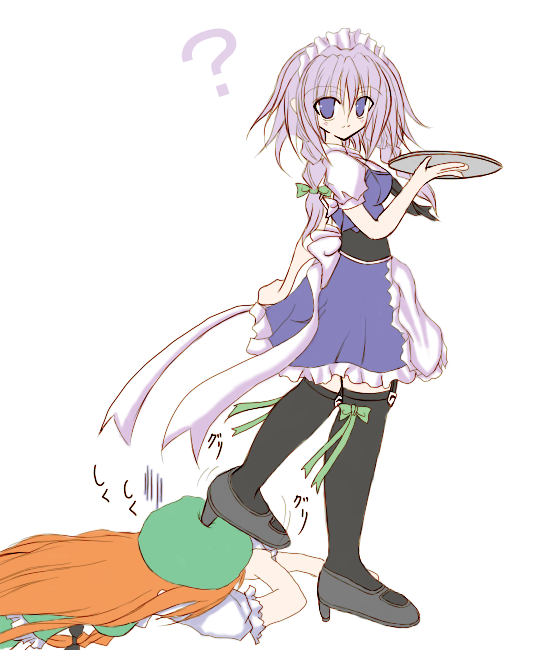 bad_id, blue_eyes, bonnet, braid, hair_ribbon, hat, hong_meiling, izayoi_sakuya