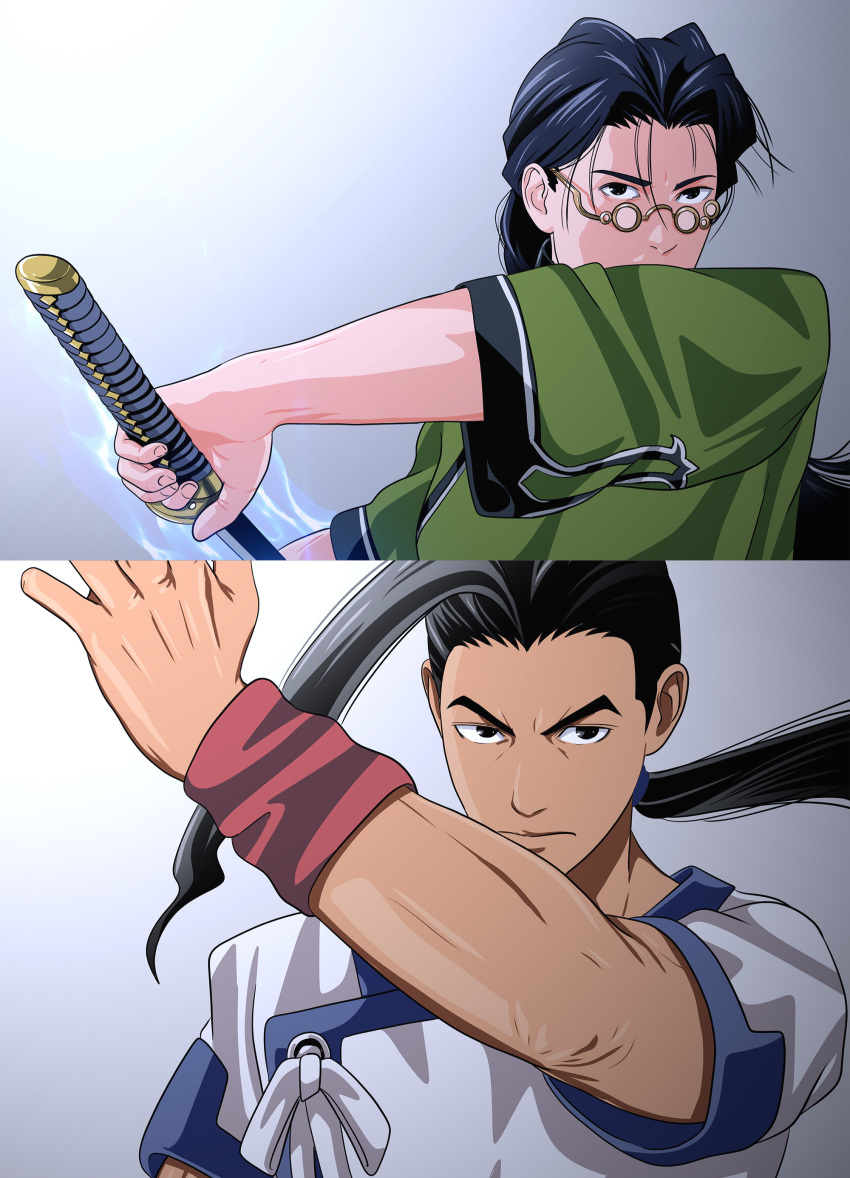 2boys, absurdres, ahoge, black_eyes, black_hair, citan_uzuki, fei_fong_wong, fighting_stance