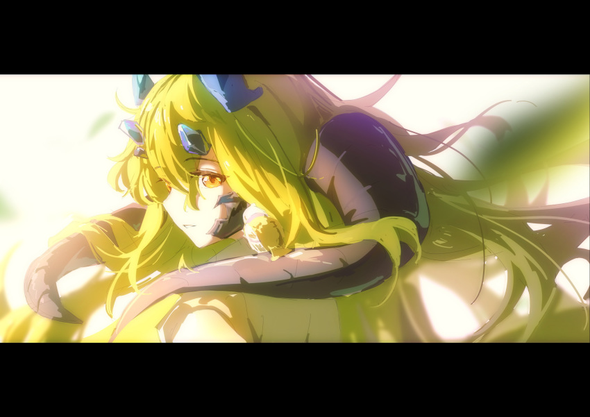 1girl, arknights, backlighting, blonde_hair, chinese_commentary, estelle_(arknights), eyebrows_visible_through_hair, hair_between_eyes