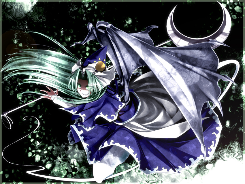 bat_wings, crescent, dress, green_eyes, green_hair, hat, highres, kazetto