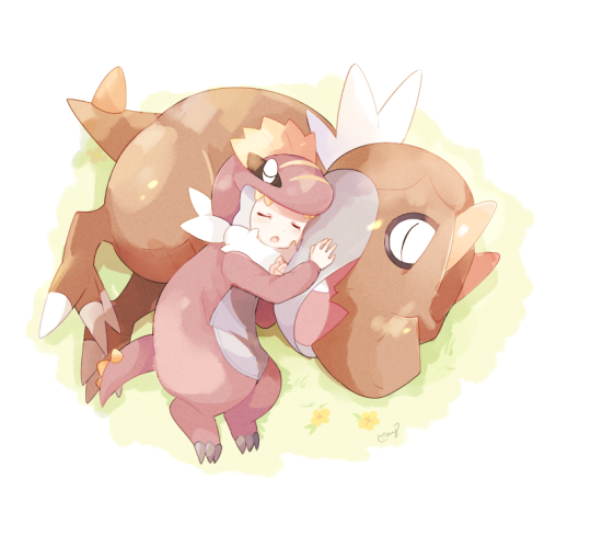 1girl, blonde_hair, child, cosplay, costume, creature, dinosaur, eureka_(pokemon), fang, flower, gen_6_pokemon, grass, kigurumi, lying, mei_(maysroom), on_side, open_mouth, pajamas, pokemon, pokemon_(anime), pokemon_(creature), pokemon_xy_(anime), sleeping, tyrantrum, tyrantrum_(cosplay), tyrunt, white_background