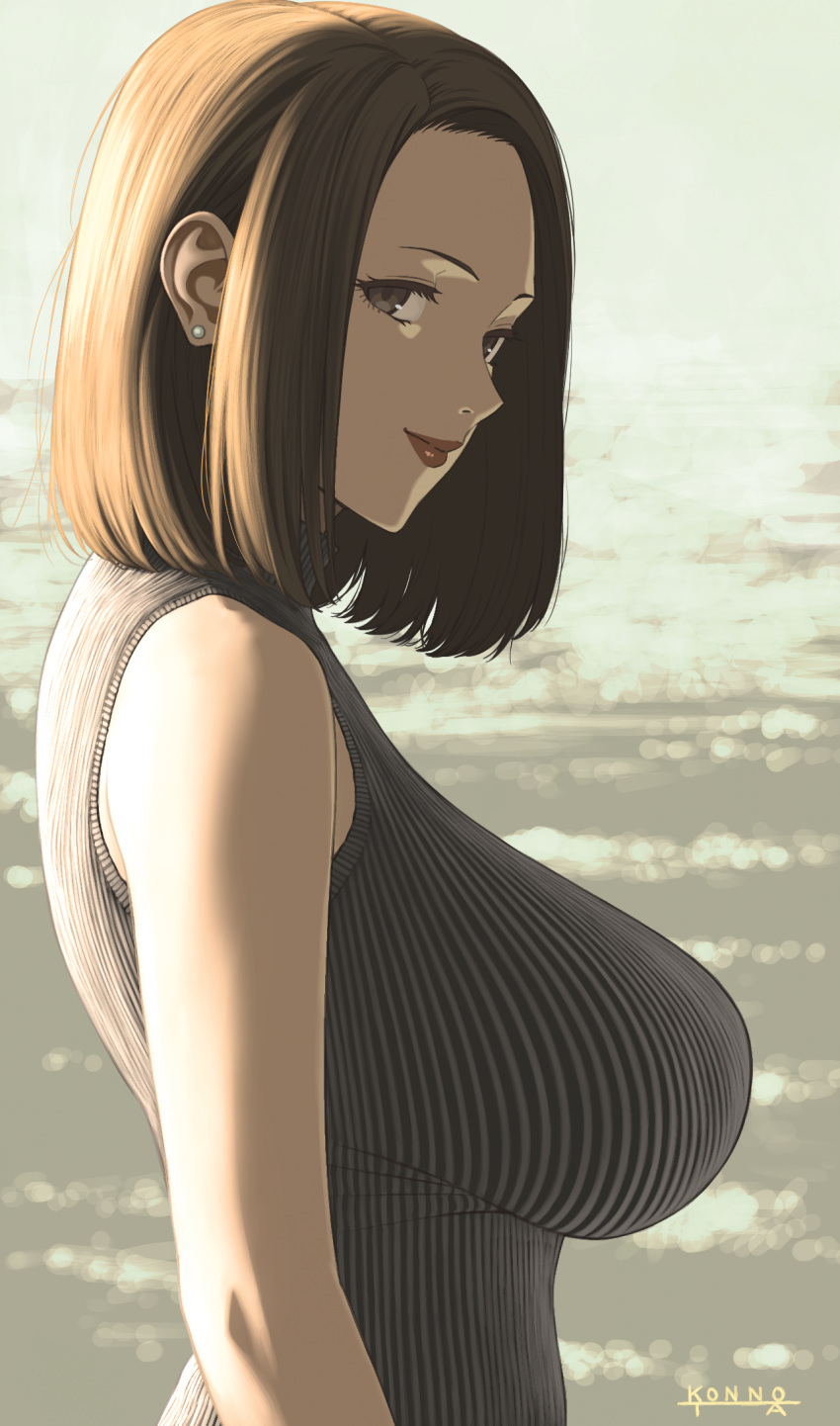 1girl, bangs, bare_arms, bare_shoulders, blurry, blurry_background, breasts, brown_eyes