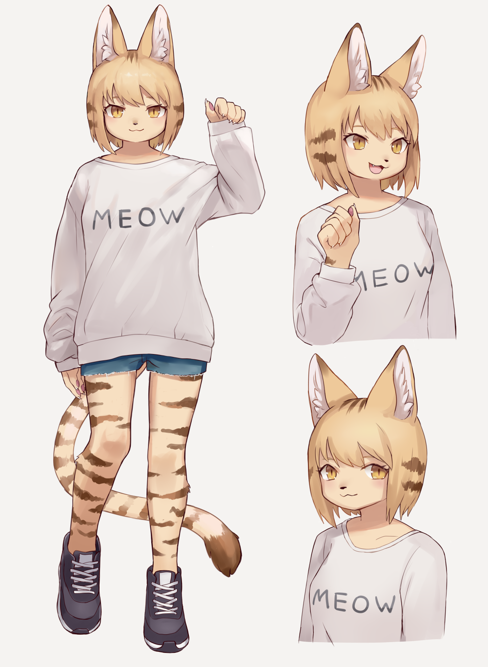 1girl, :3, animal_ear_fluff, animal_ears, animal_nose, bangs, black_sneakers, blonde_hair, blush, breasts, cat, cat_ears, cat_girl, cat_tail, claws, collarbone, commentary_request, erumeruta, fang, furry, highres, looking_at_viewer, medium_breasts, multiple_views, original, pawpads, shirt, shoes, simple_background, slit_pupils, sneakers, striped_fur, tail, white_background, white_shirt, yellow_eyes, yellow_fur