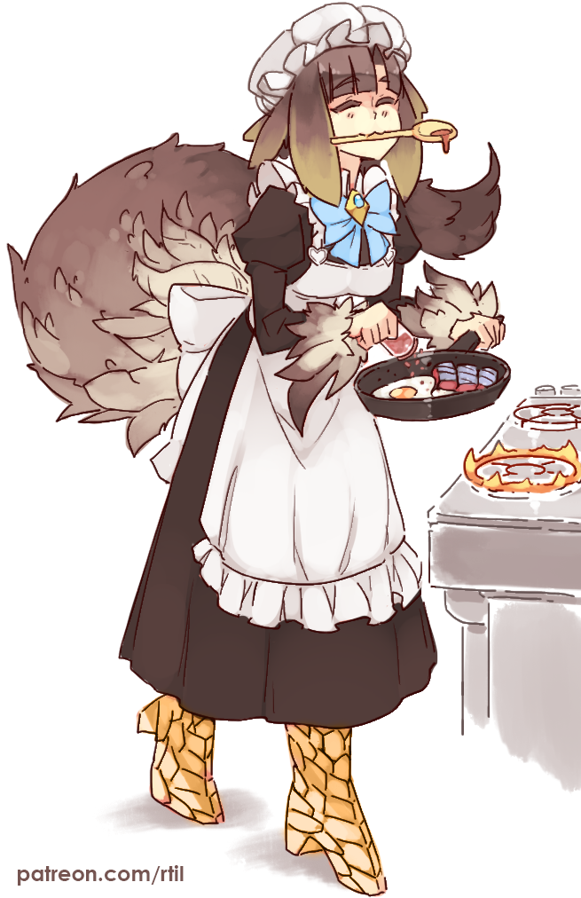 1girl, ^_^, apron, bangs, blunt_bangs, bonnet, bow, brown_hair
