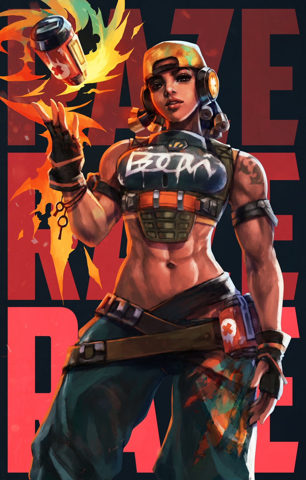 1girl, abs, armband, backwards_hat, belt, black_hair, breastplate, breasts