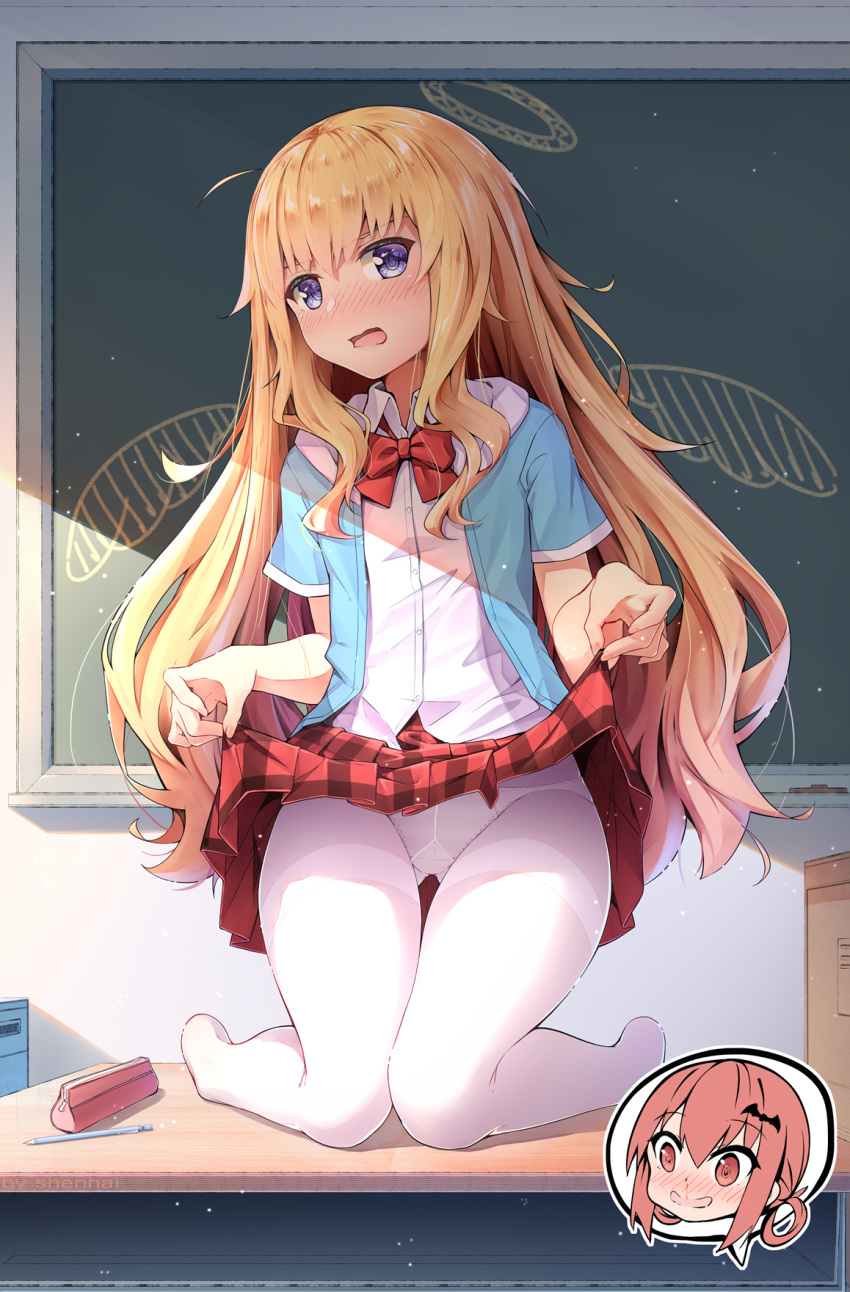 2girls, bangs, blonde_hair, blood, blush, bow, bowtie, chalkboard, commentary_request, desk, drawn_halo, drawn_wings, embarrassed, gabriel_dropout, hair_ornament, highres, indoors, inset, kneeling, kurumizawa_satanichia_mcdowell, lifted_by_self, light_particles, long_hair, looking_at_viewer, multiple_girls, nose_blush, nosebleed, on_desk, open_mouth, panties, pantyhose, plaid, plaid_skirt, red_neckwear, redhead, school_uniform, shenhai_(2556146833), shirt, short_sleeves, skirt, skirt_lift, solo_focus, speech_bubble, sunlight, tenma_gabriel_white, underwear, very_long_hair, wavy_mouth, white_legwear, white_panties, white_shirt