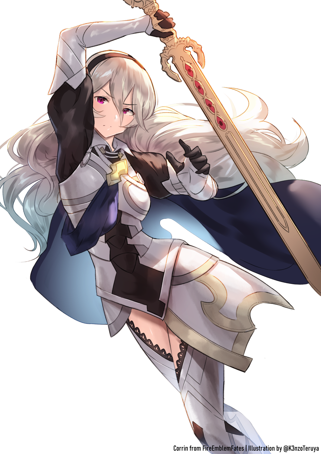 1girl, armor, black_gloves, black_hair, blue_cape, cape, closed_mouth, commission, corrin_(fire_emblem), corrin_(fire_emblem)_(female), fire_emblem, fire_emblem_fates, gloves, hairband, highres, holding, holding_sword, holding_weapon, k3nzoteruta, long_hair, red_eyes, simple_background, solo, sword, twitter_username, weapon, white_background, white_hair, yato_(fire_emblem)