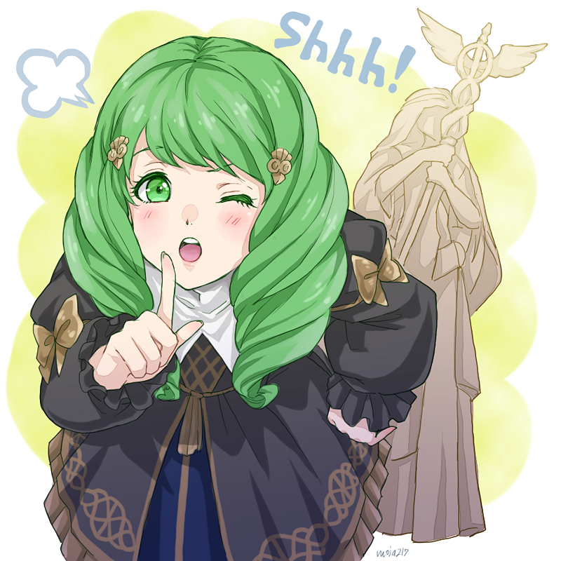 1girl, bow, fire_emblem, fire_emblem:_three_houses, flayn_(fire_emblem), garreg_mach_monastery_uniform, green_eyes, green_hair, hair_ornament, ichii_k, long_hair, long_sleeves, one_eye_closed, open_mouth, solo, statue, uniform