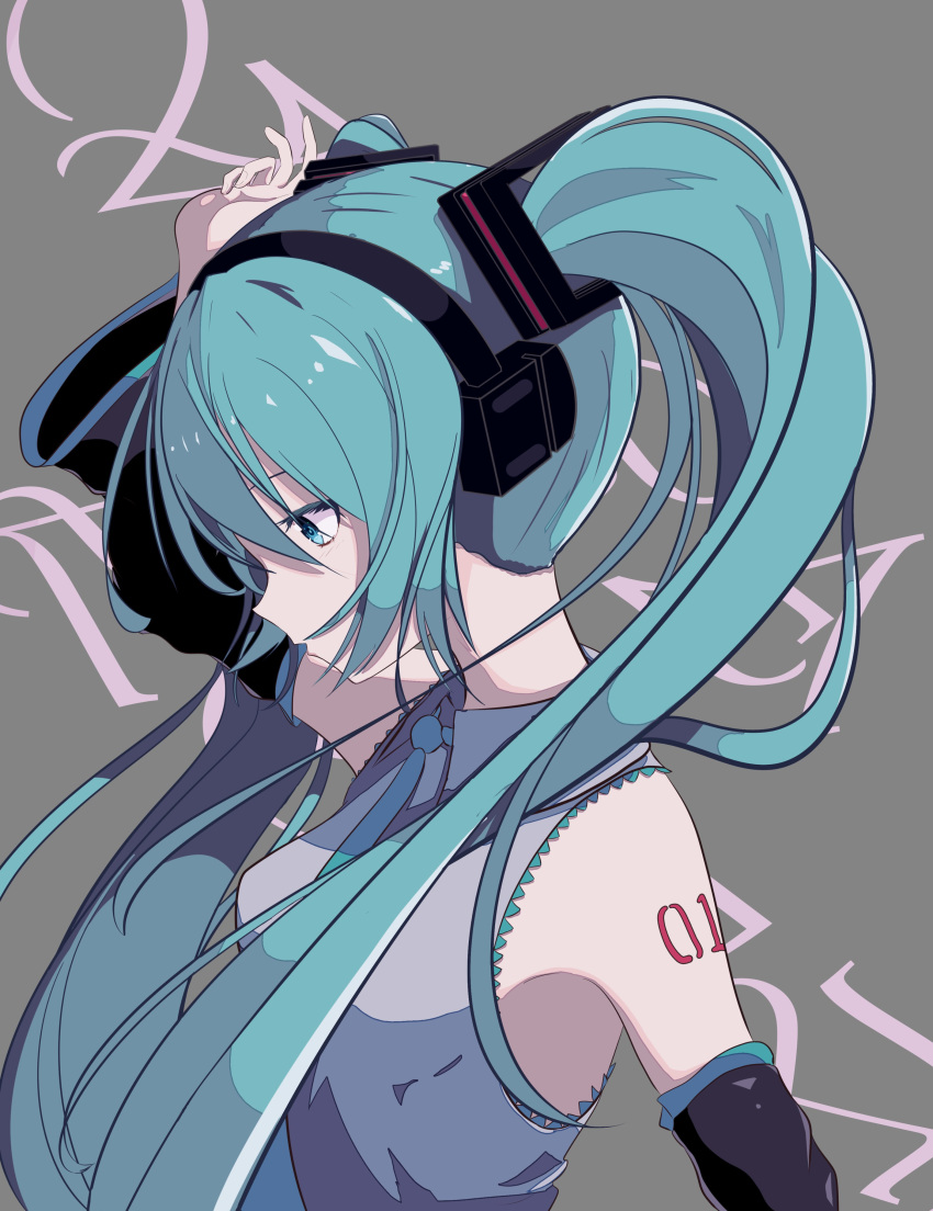 1girl, absurdres, aqua_eyes, aqua_hair, aqua_neckwear, arm_up, body_writing, breasts