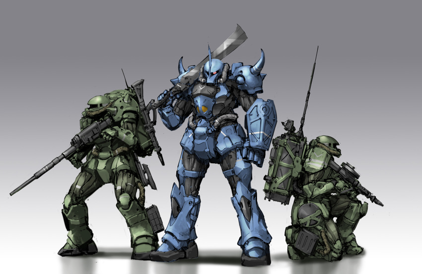 antennae, gouf, gradient, gradient_background, gun, gundam, highres, inawata