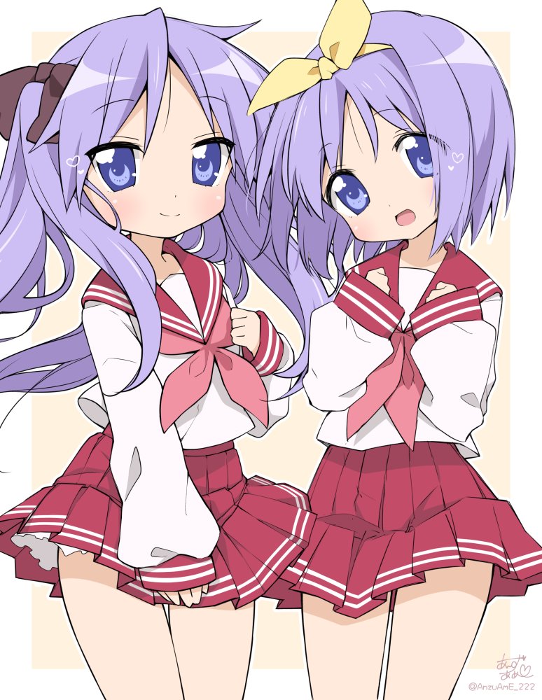 2girls, anzu_ame, blue_eyes, commentary_request, cowboy_shot, hairband, hiiragi_kagami, hiiragi_tsukasa