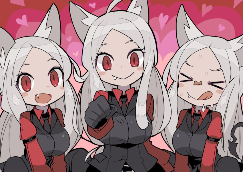 >_<, 3girls, :q, animal_ears, black_gloves, black_neckwear, blush, breasts