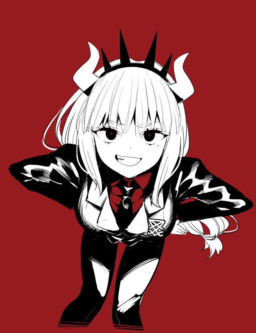 1girl, absurdres, bangs, bent_over, black_neckwear, blanchat, breasts, demon_girl, demon_horns, eyebrows_visible_through_hair, formal, grin, hand_on_hip, helltaker, highres, horns, long_hair, lucifer_(helltaker), mole, mole_under_eye, necktie, pants, red_background, red_eyes, red_shirt, shirt, simple_background, smile, solo, suit, white_hair, white_horns
