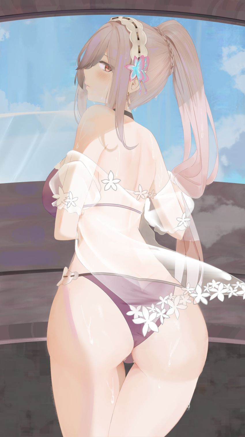 1girl, ass, azur_lane, bikini, blue_butterfly, braid, butterfly_hair_ornament, choker