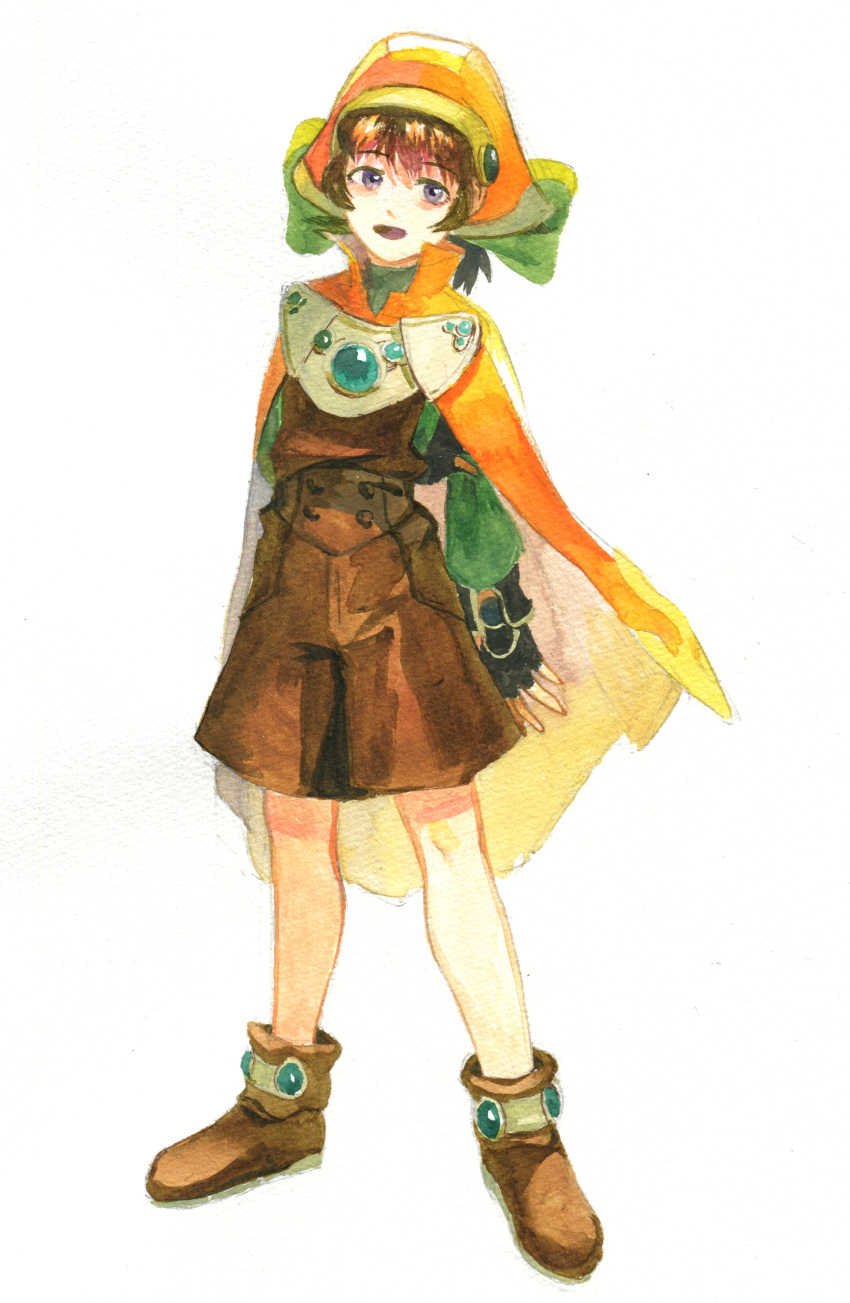 1girl, absurdres, blue_eyes, brown_footwear, brown_hair, brown_skirt, cape, fingerless_gloves
