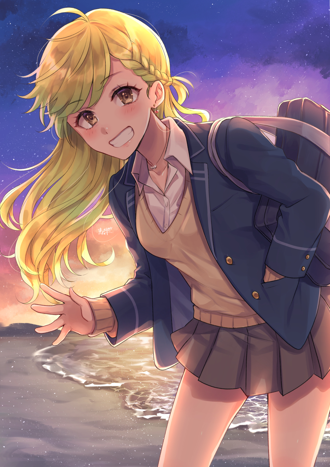 1girl, :d, bag, black_skirt, blazer, blonde_hair, blush, bookbag, braid, brown_eyes, gyaru, hand_in_pocket, highres, jacket, jewelry, kishinaito, leaning_forward, long_hair, looking_at_viewer, necklace, open_mouth, original, outdoors, pleated_skirt, skirt, smile, solo, standing, sunset, sweater_vest, vest