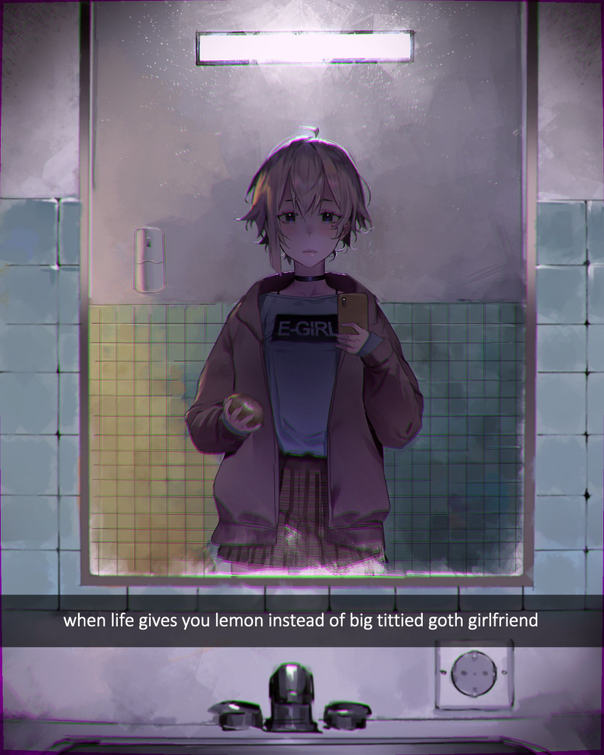 1girl, ahoge, bathroom, black_choker, black_eyes, blush, brown_jacket, brown_skirt