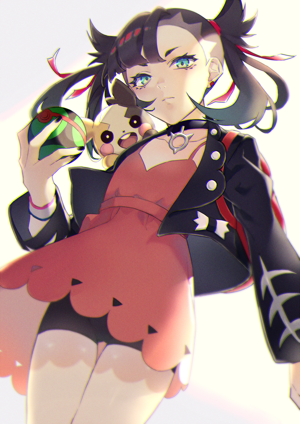 1girl, asymmetrical_bangs, backpack, bag, bangs, bike_shorts, black_choker, black_hair