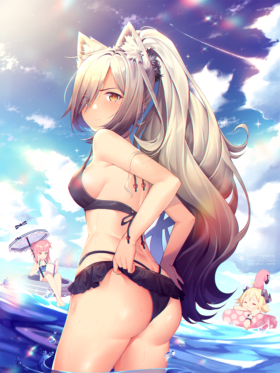 3girls, ahoge, animal_ear_fluff, animal_ears, arknights, ass, bangs, bare_arms