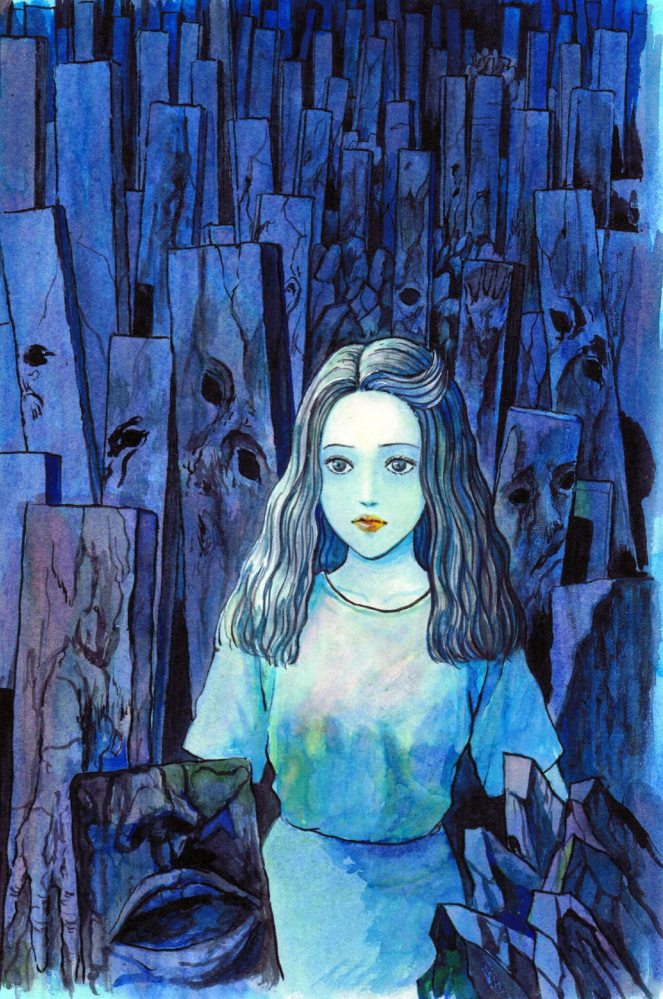 1girl, black_hair, blue_shirt, blue_skirt, blue_theme, closed_mouth, curly_hair, highres