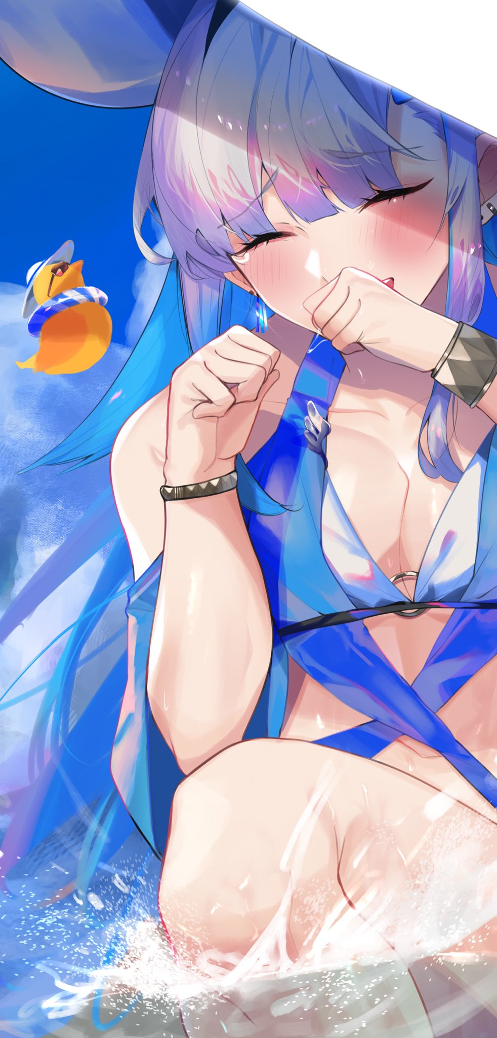 1girl, :d, arms_up, azur_lane, bangs, bare_shoulders, blue_sky, blue_swimsuit