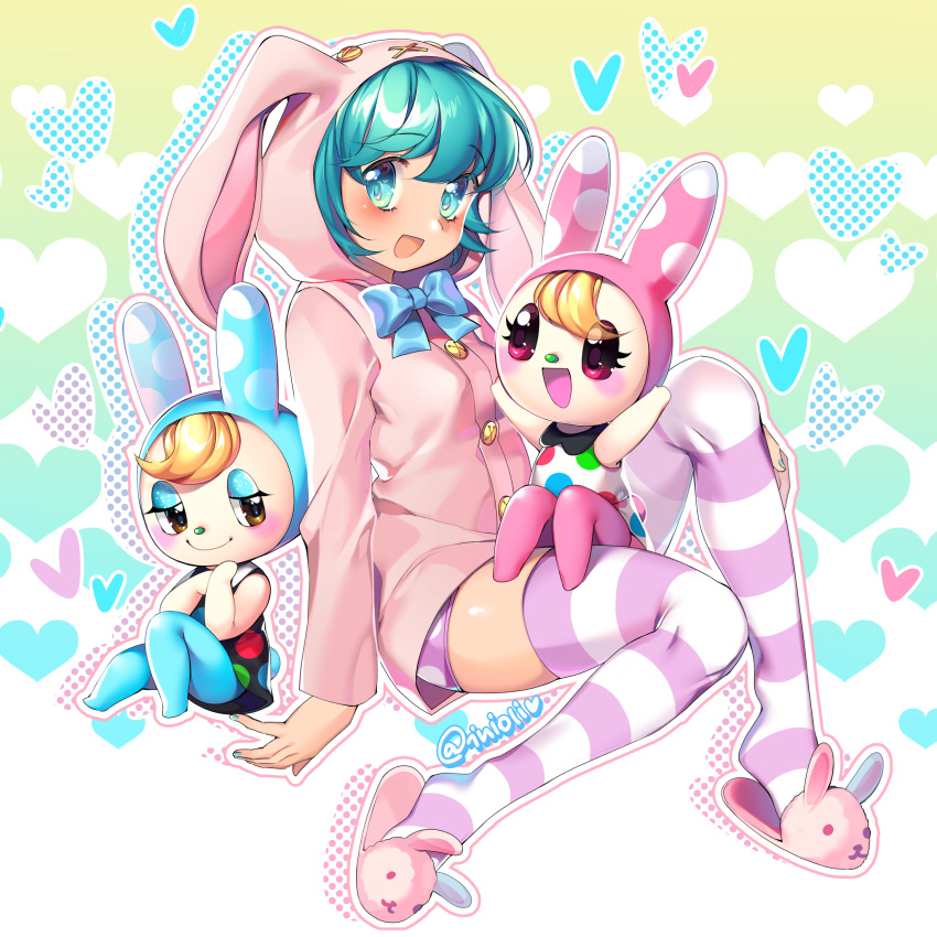 3girls, :d, animal_ears, animal_hood, aqua_eyes, aqua_hair, bangs, black_dress, blonde_hair, blush, bunny_hood, christine_(doubutsu_no_mori), commentary_request, doubutsu_no_mori, dress, eyebrows_visible_through_hair, eyeshadow, fake_animal_ears, francoise_(doubutsu_no_mori), hatsune_miku, heart, highres, hood, hoodie, inioli, long_hair, long_sleeves, makeup, multiple_girls, open_mouth, pink_eyes, pink_hoodie, pink_shorts, polka_dot, polka_dot_dress, polka_dot_shorts, rabbit_ears, short_hair, short_shorts, shorts, smile, striped, striped_legwear, tail, vocaloid, white_dress