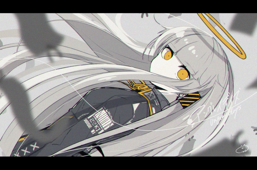 1girl, amaneryuusei, bangs, barcode, black_ribbon, blunt_bangs, blurry, breasts, clothes_writing, commentary_request, covered_mouth, cross-laced_clothes, depth_of_field, diagonal_stripes, dress, empty_eyes, floating_hair, from_side, grey_background, grey_dress, grey_hair, hair_over_mouth, halo, letterboxed, long_hair, long_sleeves, looking_at_viewer, number, original, paper, print_dress, ribbon, signature, small_breasts, solo, spot_color, straight_hair, striped, ungray_days_(vocaloid), vocaloid, wind, yellow_eyes