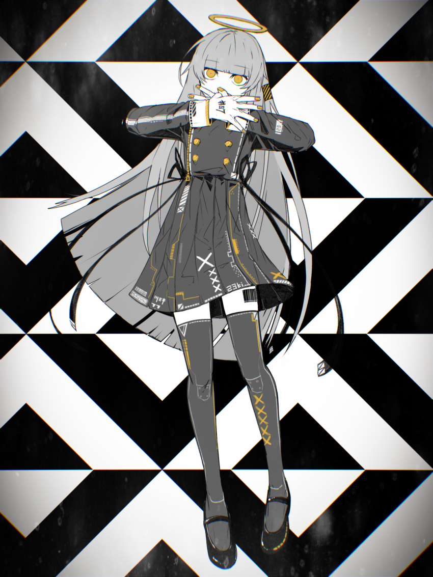 1girl, amaneryuusei, bangs, barcode, black_footwear, black_ribbon, blunt_bangs, body_writing, bodypaint, clothes_writing, commentary_request, covered_mouth, diagonal_stripes, dress, empty_eyes, full_body, grey_dress, grey_hair, grey_legwear, hair_ornament, halo, hands_over_own_mouth, highres, long_hair, long_sleeves, looking_at_viewer, nail_polish, number, original, pleated_dress, print_dress, print_legwear, ribbon, shoes, sleeve_cuffs, solo, spot_color, standing, striped, thigh-highs, ungray_days_(vocaloid), very_long_hair, vocaloid, yellow_eyes, yellow_nails, zettai_ryouiki