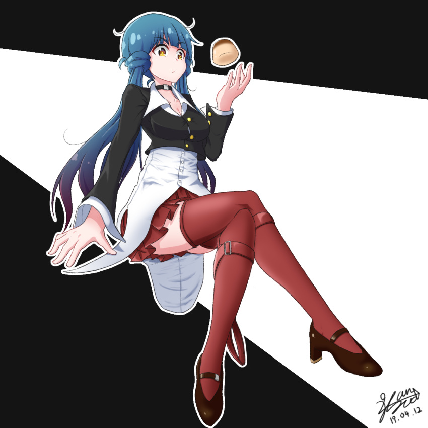 1girl, blue_hair, choker, cosplay, dress_shirt, food, highres, idolmaster