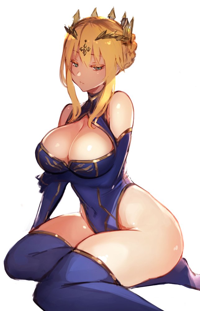1girl, aqua_eyes, artoria_pendragon_(all), artoria_pendragon_(lancer), ass, bare_shoulders, blue_gloves, blue_legwear