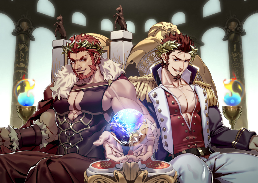 2boys, abs, abs_cutout, architecture, arm_at_side, armor, baggy_clothes, bara